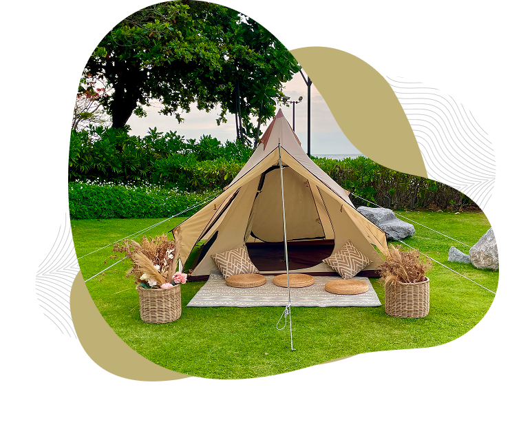 Cozy tent setup with outdoor seating.