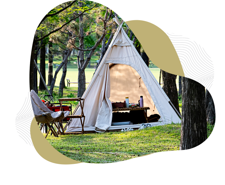 Tent and chairs in a forest clearing.