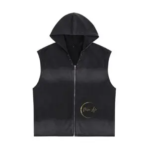 Sleeveless black hooded zip vest with gold logo